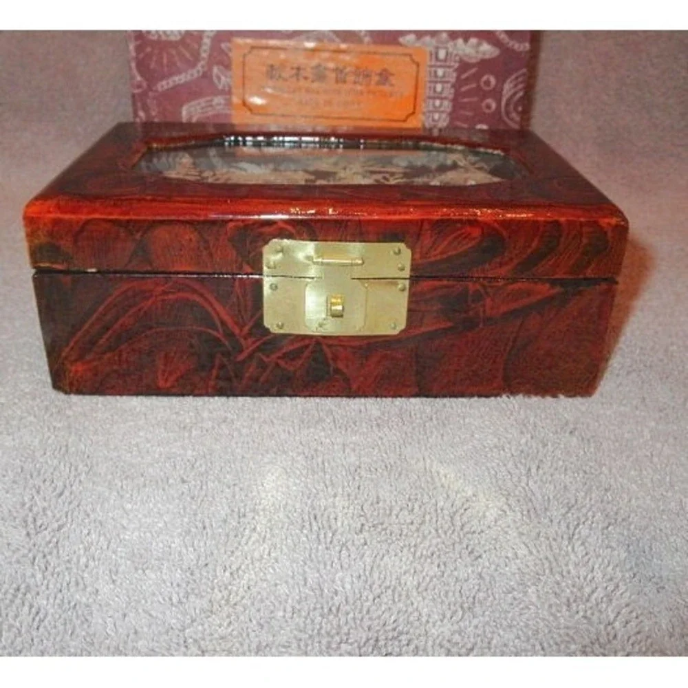 Vintage Wood Jewelry Box Asian Diorama Lacquered Cork Velvet Lined Glass Lid NEW